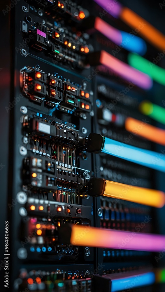 Poster close-up of high-tech server hardware with colorful led lights