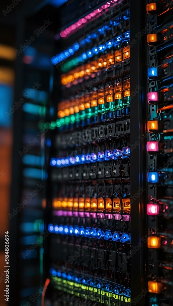 Poster close-up of high-tech server hardware with colorful led lights