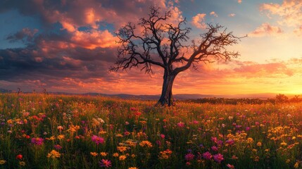 Fototapeta premium Panoramic View of a Wildflower Meadow at Sunset