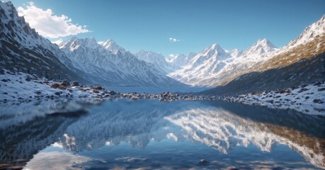 Crystal clear lake reflecting snow-capped mountains