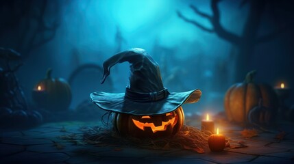 Fototapeta premium Halloween Pumpkin in a Witch Hat