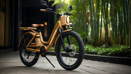 Obraz premium An electric bicycle parked on a tiled surface, surrounded by bamboo plants.