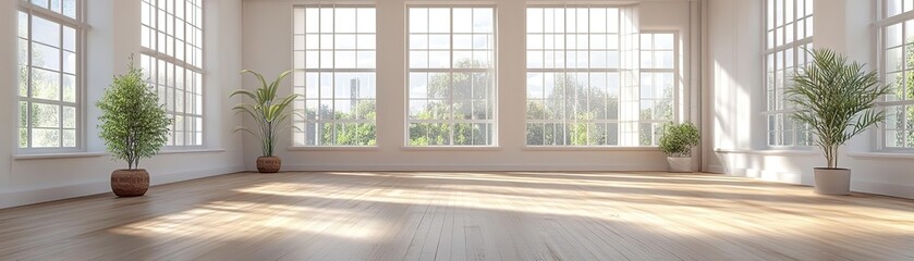 Fototapeta premium Bright and spacious room with large windows, wooden floor, and greenery. Perfect for a modern aesthetic or interior design.