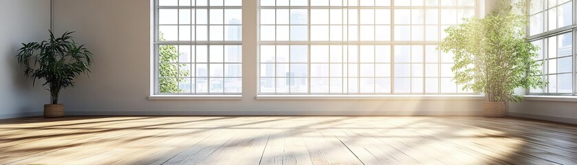 Bright and spacious room with large windows, wooden floor, and plants, perfect for photography or interior design inspiration.