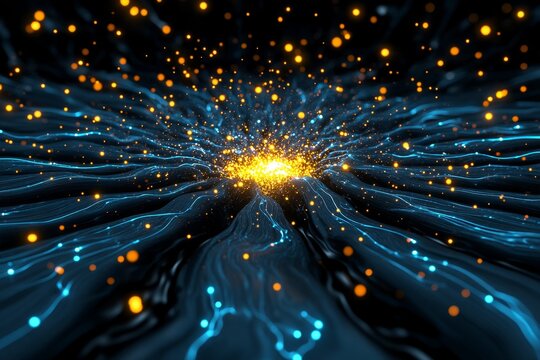 Abstract explosion of ideas, with glowing particles representing breakthrough moments in technology and science