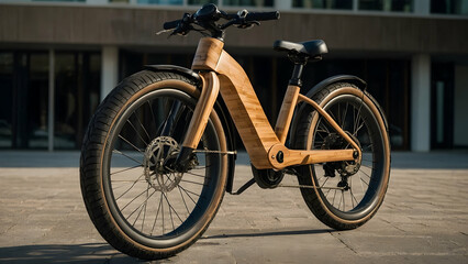 Fototapeta premium An electric bicycle with wooden frame and thick tires parked on a paved surface in front of a modern building.