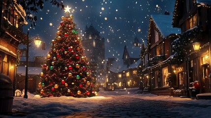 Obraz premium A decorated Christmas tree glowing in the center of a snowy village, with multicolored ornaments reflecting soft lights.