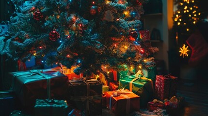 A decorated Christmas tree with twinkling multicolored lights, surrounded by presents wrapped in festive paper.