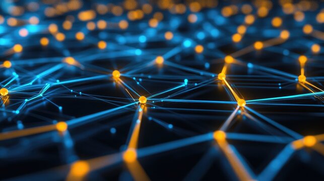 Abstract digital network with glowing nodes and lines.