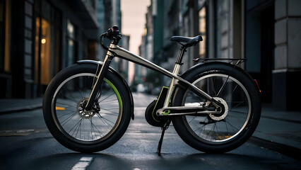 Fototapeta premium An electric bike parked on a street with cobblestone and buildings in the background.