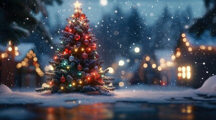 A decorated Christmas tree glowing in the center of a snowy village, with multicolored ornaments reflecting soft lights.
