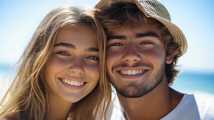 Fototapeta premium A joyful young couple smiling together at the beach, enjoying a sunny day. Perfect for conveying happiness and love.