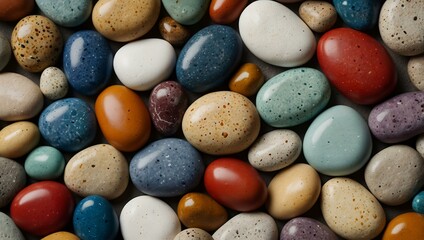 Collection of smooth, colorful pebbles on white.