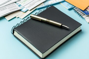 Bookkeeping for personal finance, illustrated with a simple notebook, pen, and organized receipts