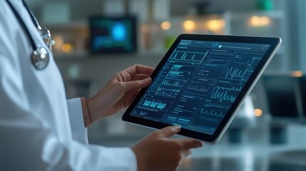 System doctor checking system updates on a tablet, healthcare software diagnostics visible in the background