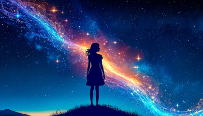Obraz premium A little cute girl looks hopefully into the starry night sky, a little dreamer and inventor