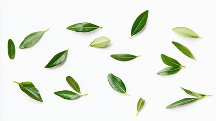 Fototapeta premium Dynamic close-up of olive leaves in mid-air, falling and isolated on a white background.