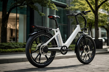 A sleek, modern electric bicycle with a white frame and black tires parked on a sidewalk in front of a building. The bike features a step-through design and appears to have a sleek, high-tech appearan