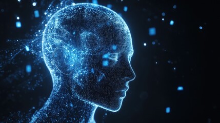 Abstract glowing human head with blue particles on dark background.