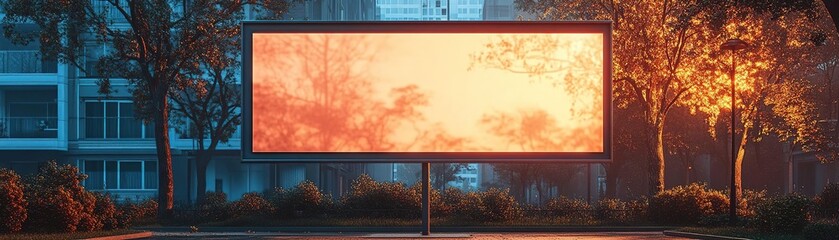A vibrant urban landscape featuring a large billboard illuminated by a warm sunset, surrounded by colorful foliage and buildings.