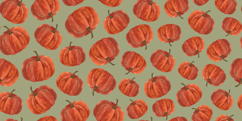 Watercolor pumpkin autumn 2024 seamless pattern For Halloween decoration wallpaper wrapping paper Cozy hand drawn endless print design on green background Harvest festival Ripe gourd Vegetable