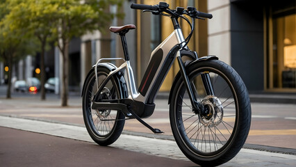 A modern, sleek e-bike with a step-through frame, designed for easy access and comfort. The bike has a stylish, minimalist design with a prominent front wheel and a sleek seat, parked on a city street