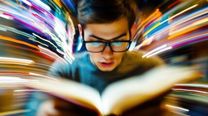 Speed reading techniques, showing fast page flipping and concentrated focus