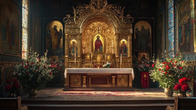 Ornate iconostasis in Orthodox church with gold and icons