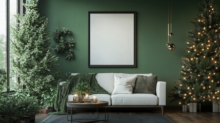 A mockup of a gallery wall of white blank frames with thin wooden framing on a wall in a trendy stylish living room behind a couch