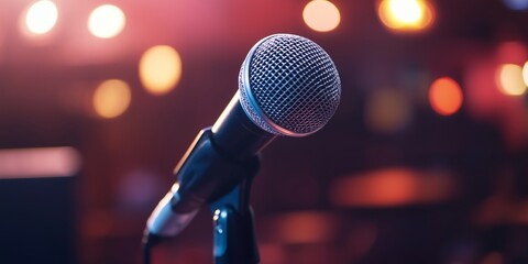 A detailed close-up image of a microphone with a blurred colorful background, perfect for music and...