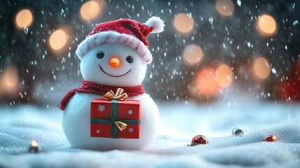 Cheerful snowman with a red hat and scarf, holding a gift surrounded by falling snow and festive lights - perfect for Christmas.