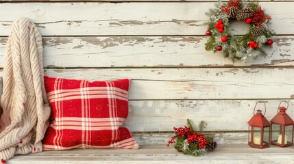 Obraz premium Rustic Christmas porch decor with red and white plaid pillows, lanterns, wreaths