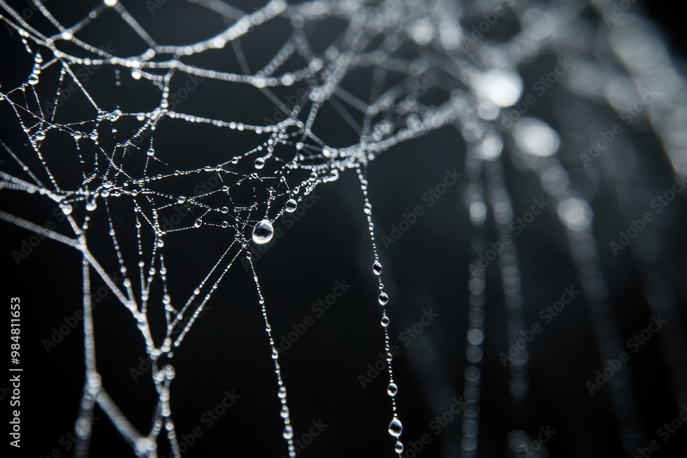 Wall mural a black background with white spider webs hanging from the top left corner, with large drops of wate