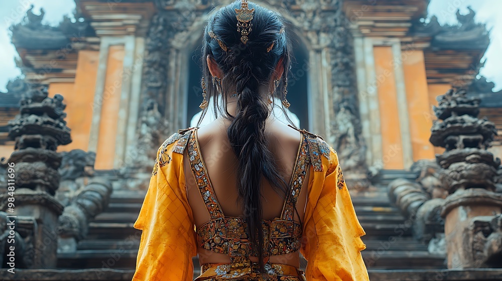 Wall mural woman in traditional clothing standing in front of a temple.