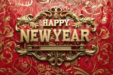 Golden inscription Happy New Year on a bright red background