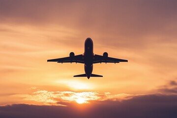 A striking image of an airplane soaring through the sky with a backdrop of a colorful sunset, highlighting travel and adventure.