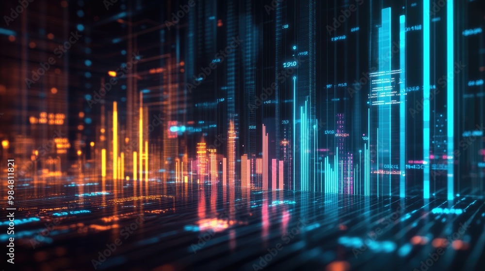 Poster A 3D bar graph with metallic bars representing financial growth, set against a dark background with glowing data points and futuristic visual elements for impact.