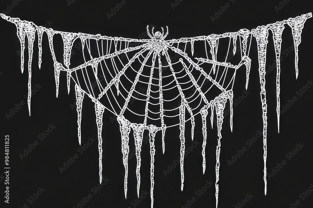 Wall mural a large spider web with hanging icicles, on a black background in a gothic art style generative ai