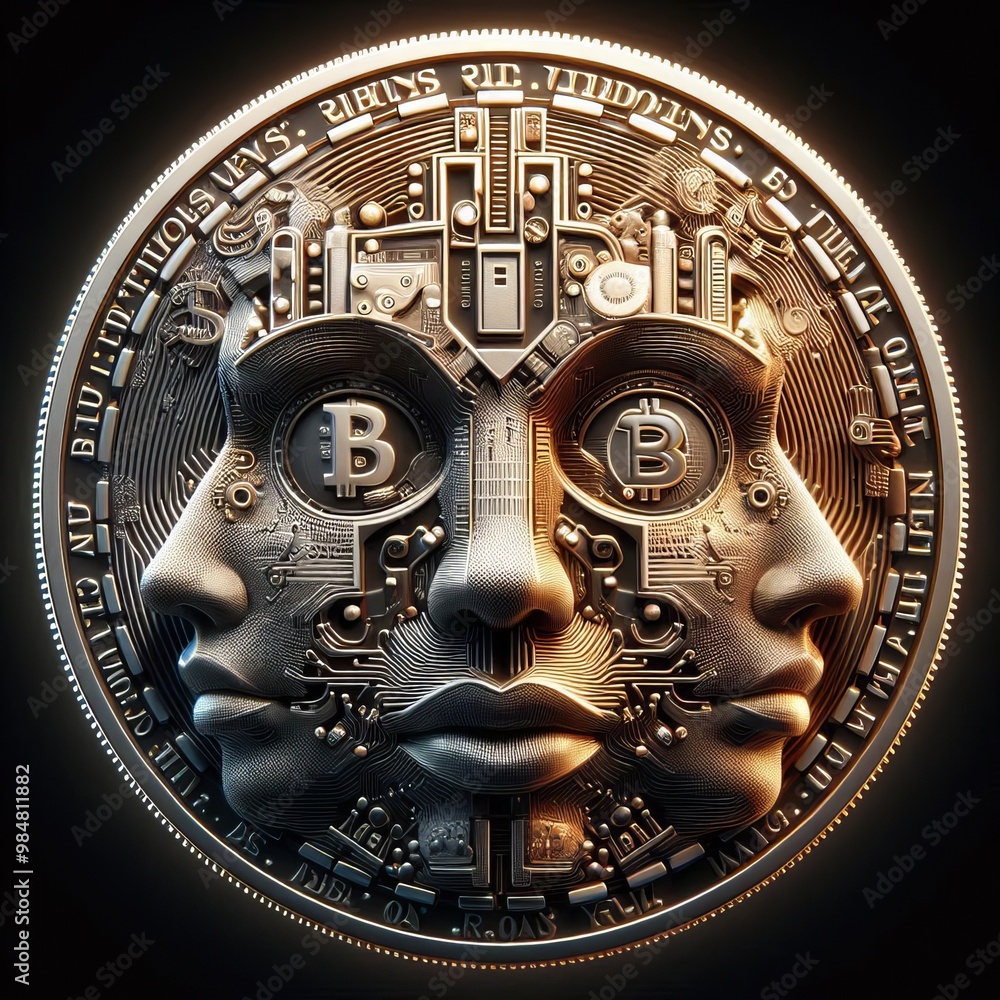 Poster a complex 3d rendering of a bitcoin coin featuring multiple human faces intricately woven into its d