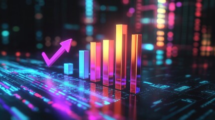 A 3D financial bar graph with colorful, rising bars and an arrow pointing upward, symbolizing business growth and success, set against a sleek, digital background.