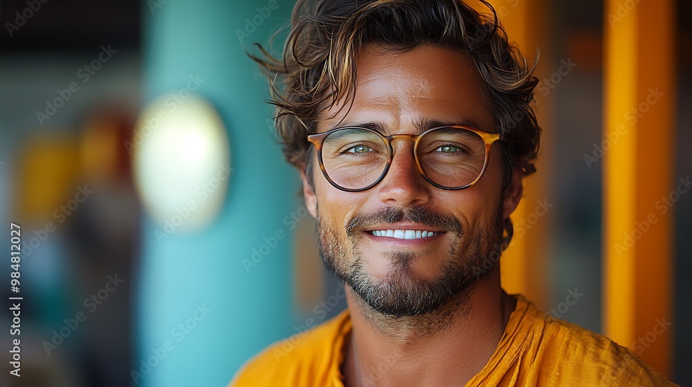 Wall mural A man with a beard and glasses smiles at the camera.