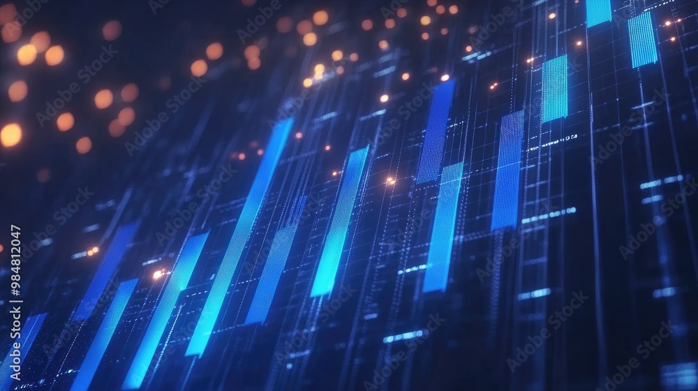 Poster a 3d financial graph with blue bars and gridlines, showing increasing profit margins over time, with