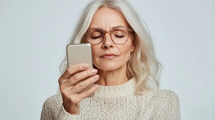 A middle-aged woman with reading glasses, holding a mobile phone close to her eyes in an attempt to read, demonstrating the effects of farsightedness, with a clean studio background.