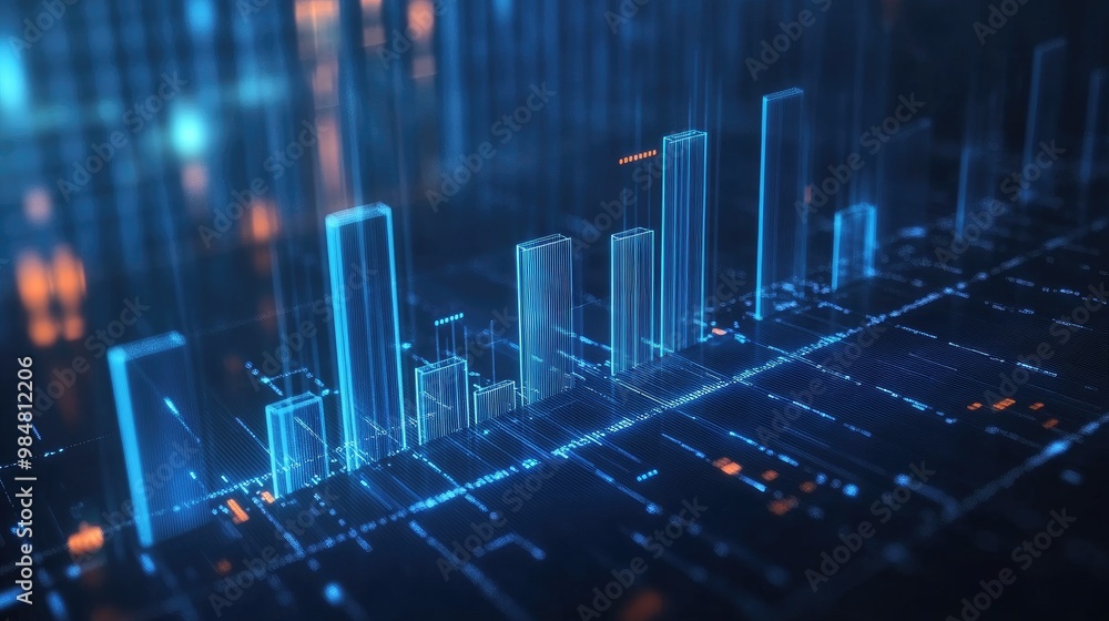 Poster a 3d financial graph with blue bars and gridlines, showing increasing profit margins over time, with
