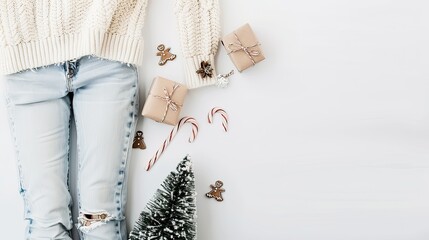 candy canes, and gingerbread man ornaments on top of an ivory knitted sweater with  jeans