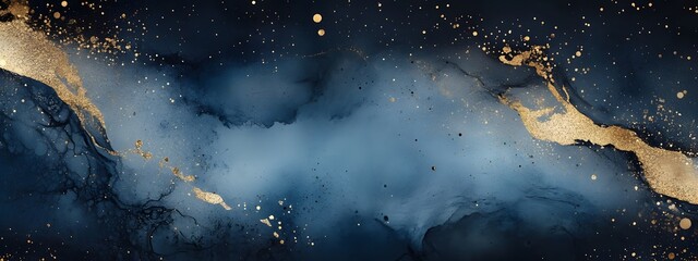 Abstract blue and gold marble background, liquid watercolor effect, soft flowing textures with splashes of metallic silver glitter on a dark gray backdrop.