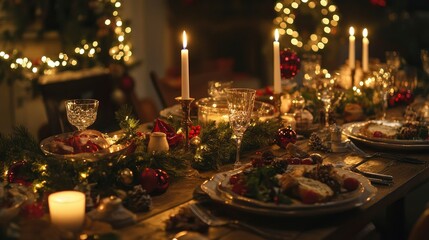 A family Christmas dinner table adorned with candles, wreaths, and festive table settings, ready for a holiday feast.