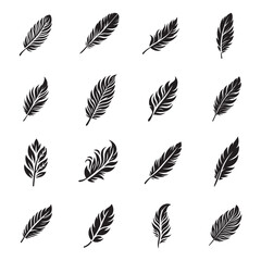 simple Creative and Stylish Feather Silhouette Vector Icon Set, Elegant Feather Collection, Perfect for Branding, Logos, and Artistic Graphic Design Projects. Available in High-Quality Vector Feather