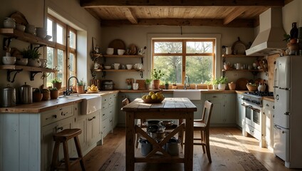 Cozy country kitchen with wooden accents and natural light.