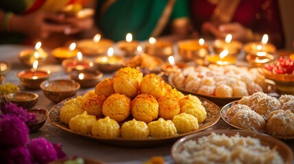 group of people from india celebrate in house with delicious indian dessert on plate on a table celebration Diwali
